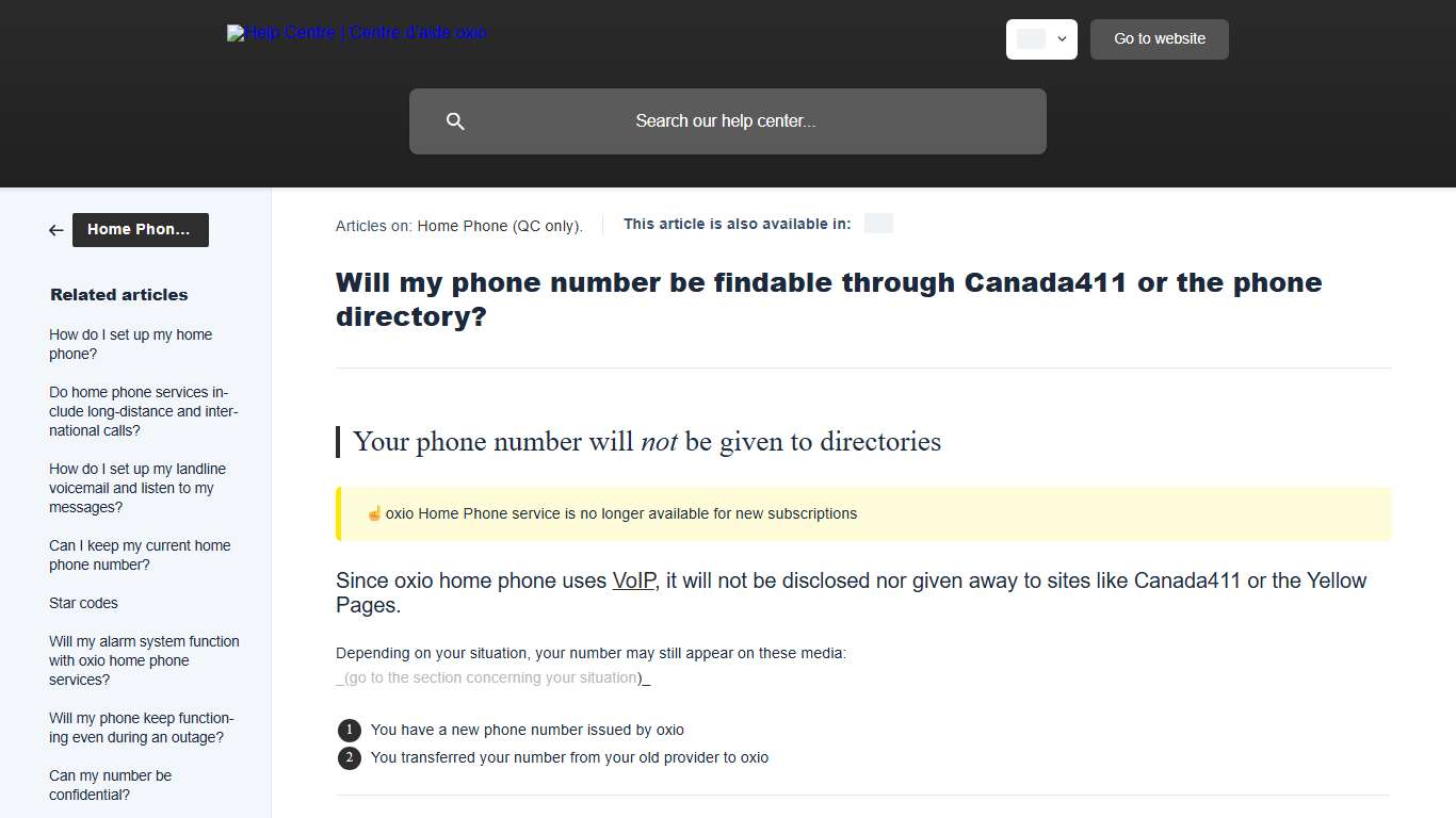 Will my phone number be findable through Canada411 or the phone directory? | Help Centre | Centre d’aide oxio